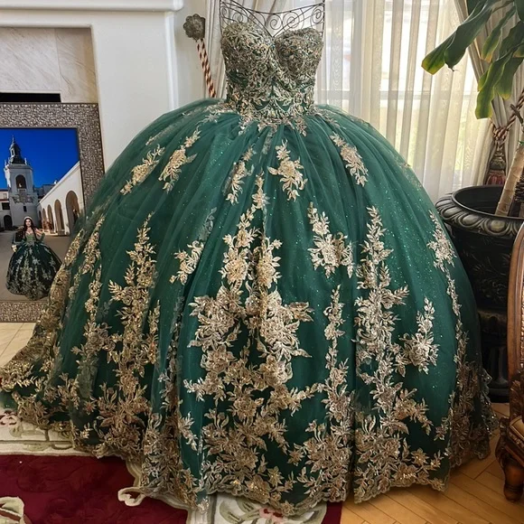 green emerald velvet dress Applique Long Sleeve Quinceanera Dress by Rachel Allan RQ1137